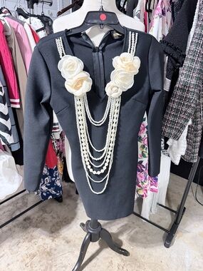 Nova Lux Black Floral-Applique Long Sleeve Sheath Dress with Pearls Attached